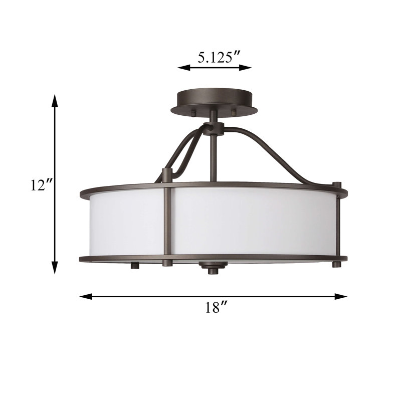 Semi Flush Mount 18 Inch 3 Light Close To Ceiling Light With Fabric Shade And Glass Diffuser, Drum, Dark Bronze