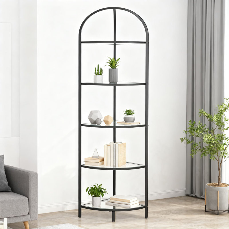 5-Tier Corner Shelf With Tempered Glass, Modern Metal Storage Rack For Bathroom, Books, And Plants, Space-Saving Design