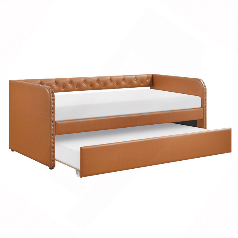 Lit de jour moderne avec lit gigogne intégré, capitonnage à boutons et garniture cloutée, similicuir, meuble de chambre ou de salon, 1 pièce