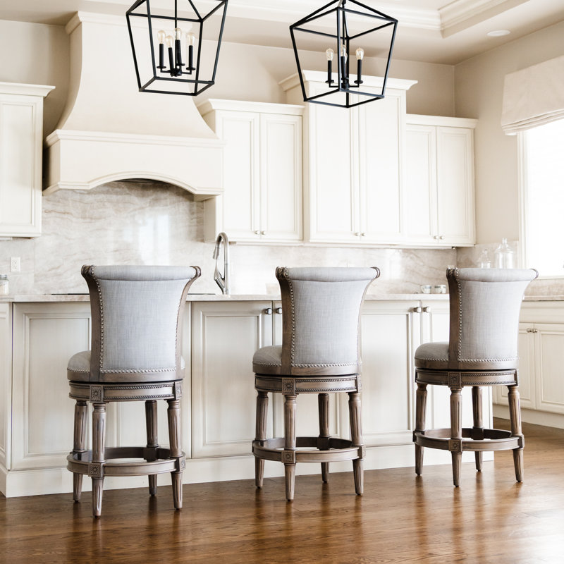 Maven Lane Gray Leather Swivel Bar Stool with Reclaimed Oak