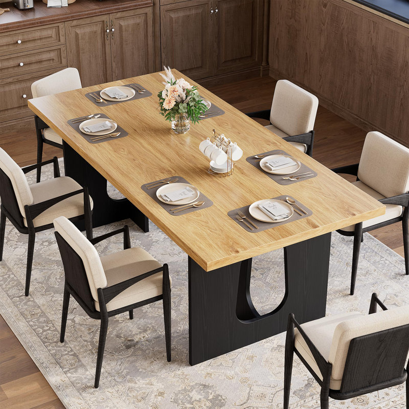 71" Dining Table for 6-8, Modern Rectangular Kitchen Table with Heavy-Duty Dual Pedestal Legs, Natural, Black