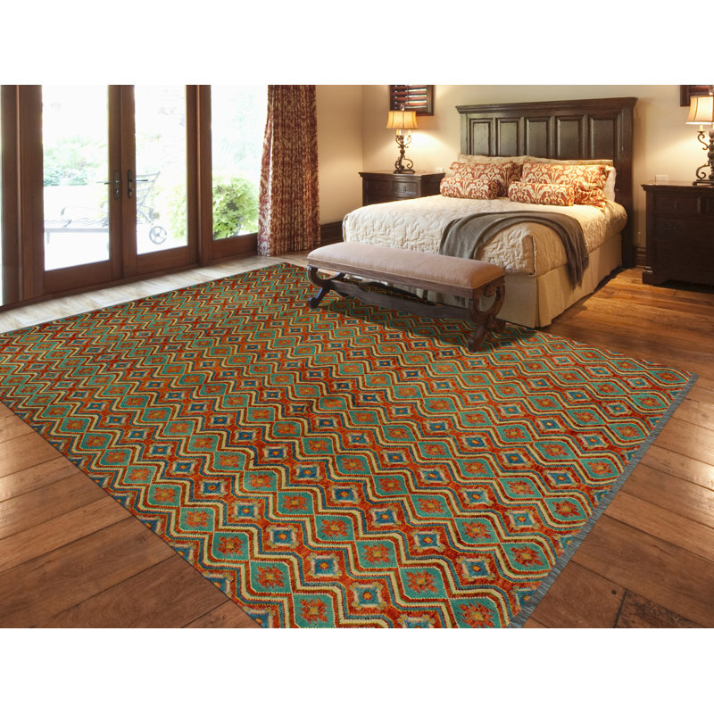 Tapis unique en laine noué à la main de 8 pi 3 po x 11 pi 6 po de couleur rouille / bleu / vert Jantinus