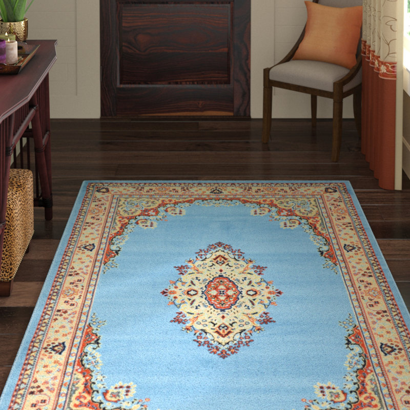 Tapis oriental noir Balthrop, Light Blue, Rectangle 7 pi 1 po x 10 pi