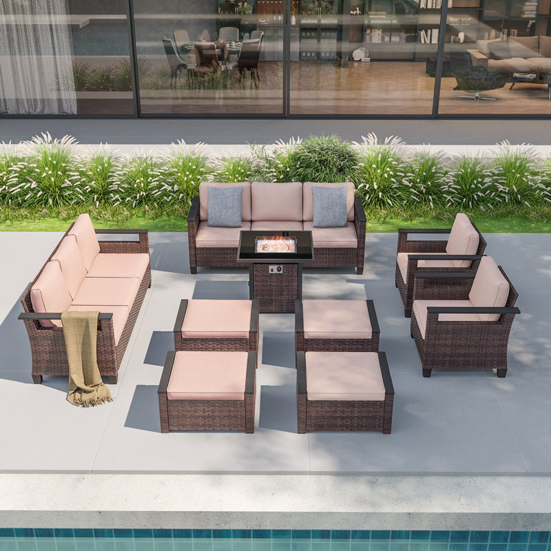 9 Pieces Patio Set with 28'' Fire Pit Table, PE  Rattan Patio Sofa Set With Ottomans and Sturdy Frame, Sand