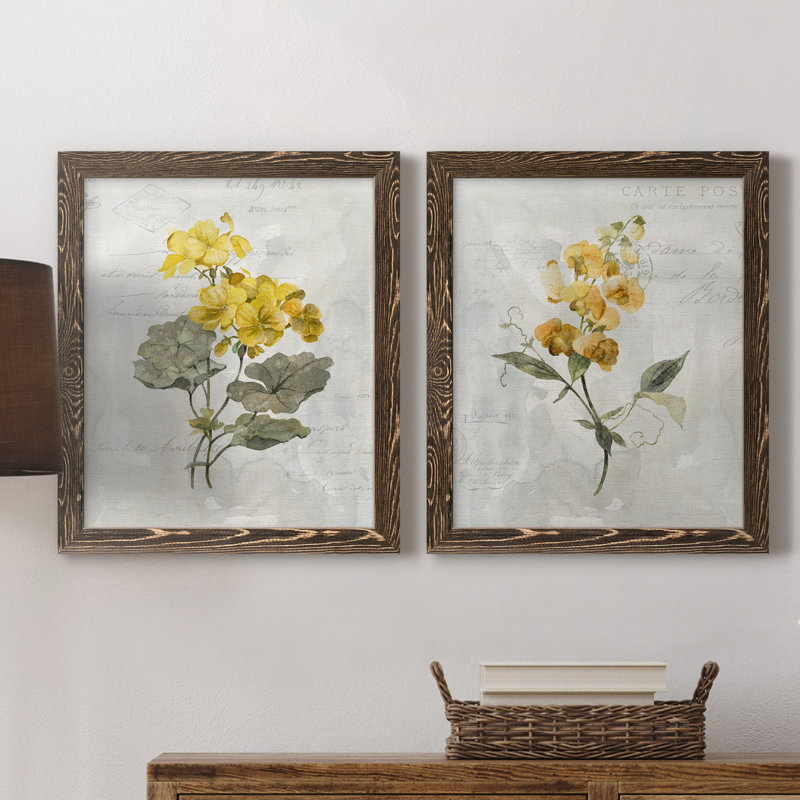 Canari lin géranium - ensemble de 2 reproductions d'art, Pas de tapis, H 20 po x l 17 po x P 1 po, Toile avec cadre en noyer
