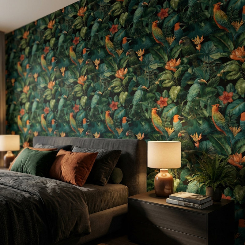 Papier peint floral tropical, oiseaux tropicaux, Peler et coller