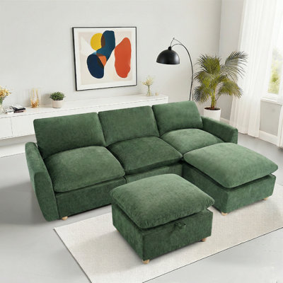 100" Chenille Sectional Couch With Two Ottomans