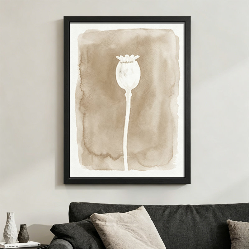 Gousse de pavot moderne et abstraite: isolée sur fond texturé, style aquarelle aux tons sépia. Toile encadrée 24 "x 36" avec cadre en bois noir