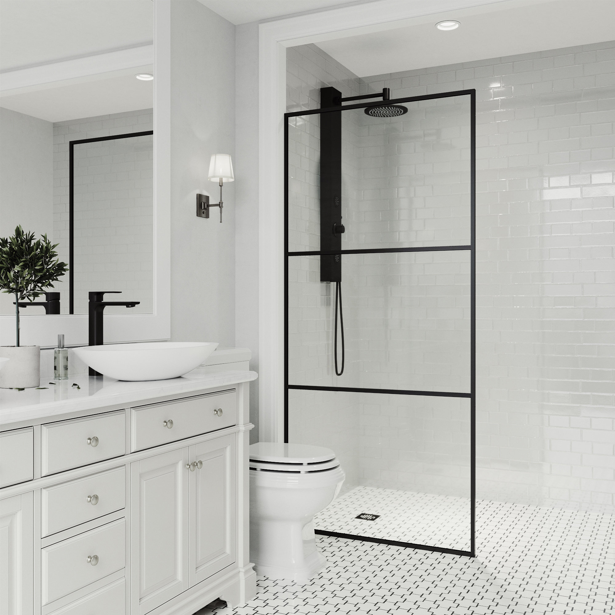 Divide 34" W x 74" H Fixed Framed Shower Screen with 3/8" Striped Glass, Matte Black Clear