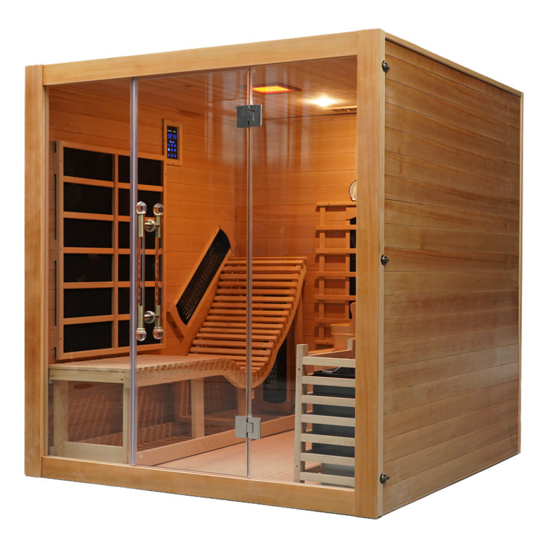 ZONEMEL Indoor Hybrid Sauna with Recliner for 2 or 3 People, Canadian Hemlock Wooden 195°F Steam+149°F Infrared, 8mm Tempered Glass,9 Heaters, 6KW Harvia Heater, Water Bucket, Ladle,Stones, 220V 
