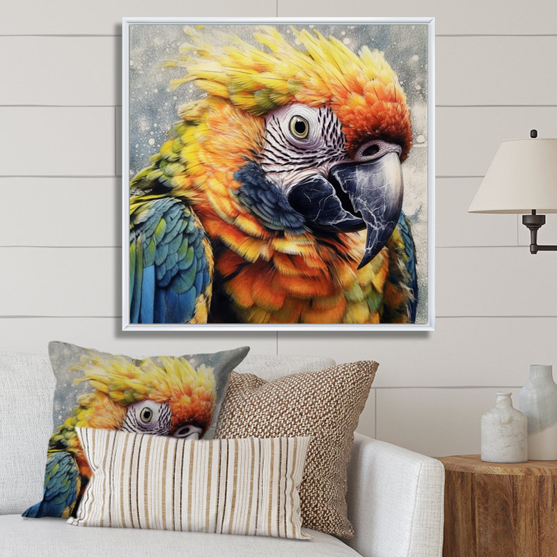 Perroquet tropical au paradis I sur toile, Cadre flottant blanc, H 30 po x l 30 po x P 1 po