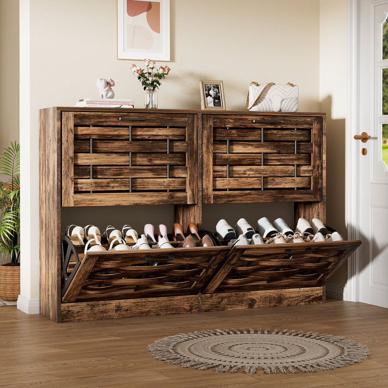 Shoe Cabinet With 4 Flip-Top Drawers For Entryway, Slim Hidden Shoe Rack For Hallways, Rustic Brown