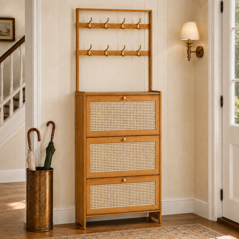 Armoire de rangement pour chaussures, tiroirs en rotin de bambou avec 8 crochets, vestibule moderne