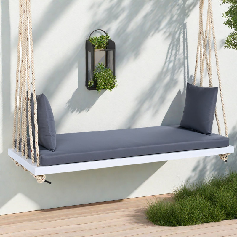 Balancelle de patio suspendue en bois avec coussin et coussins, Blanc, Gris