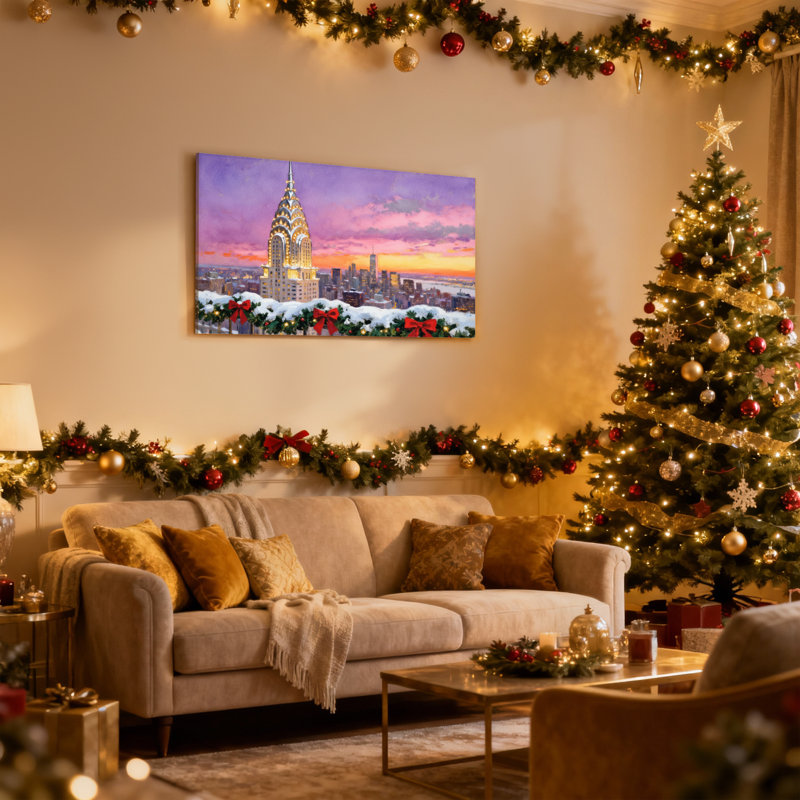 «Christmas Chrysler Building Snowy Holiday Skyline Sunset Decor», ensemble de 3 impressions d'art sur toile