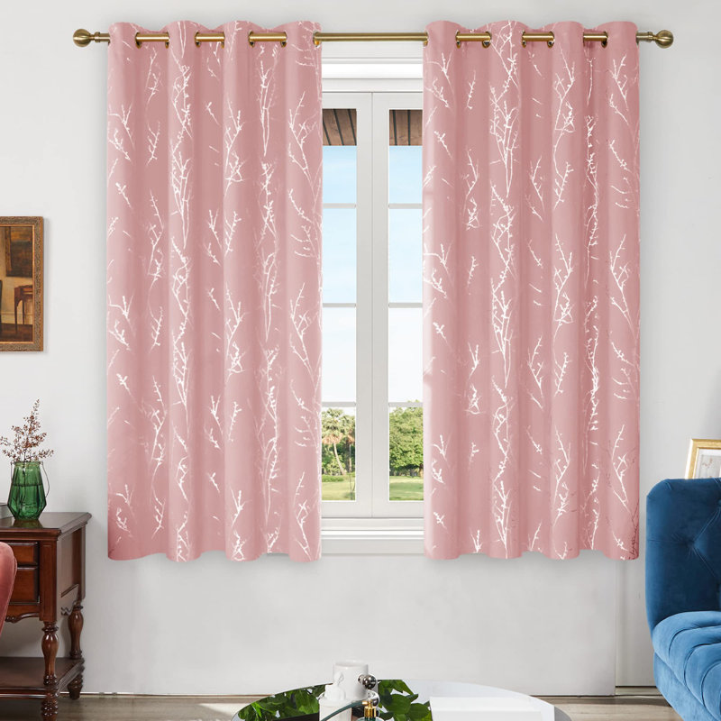Silver Tree Branches Printed Pattern Blackout Grommet Curtains (Set Of 2), 42" W x 84" L, Grayish White