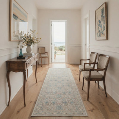 Tapis d'intérieur rose / beige / bleu lavable à la machine Floret avec envers antidérapant
