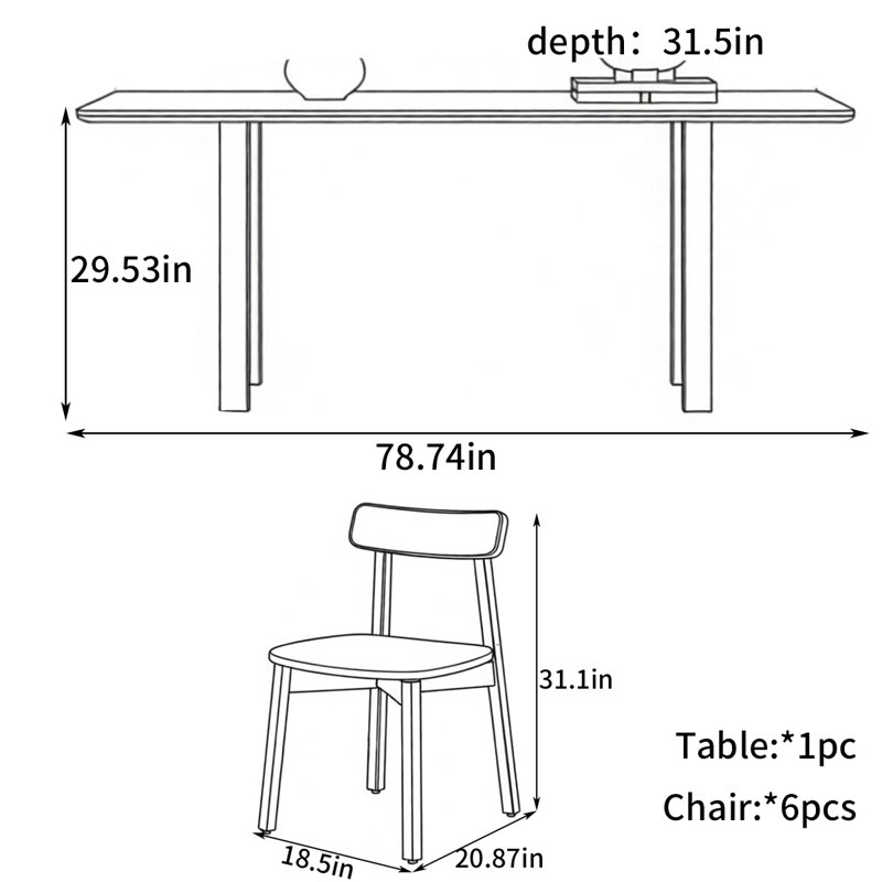 Swaffham Simple rectangular dining table, 7 Pieces: Table, 6 Chairs, 29.53" H x 78.74" W x 31.5" D