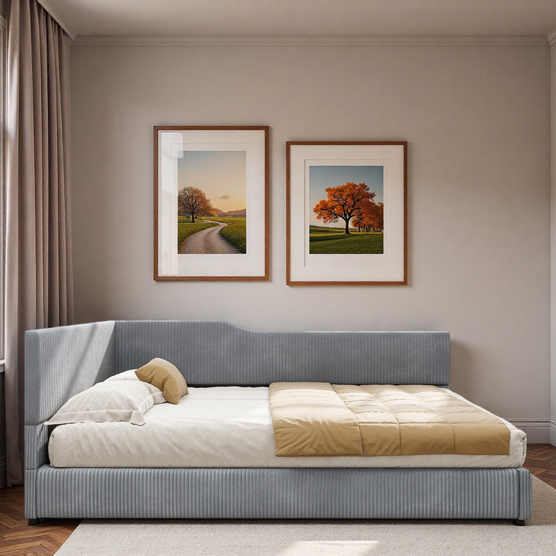L-shaped Corduroy Daybed With Solid Frame And Striped Decoration, Gray
