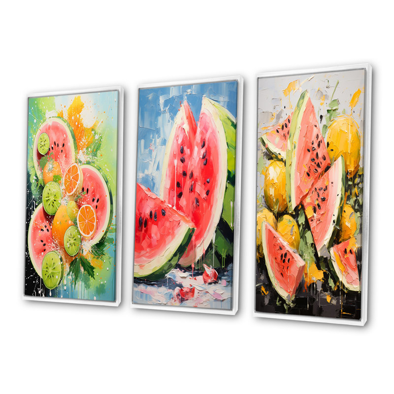 «Summertime Watermelon Fruit I - Fruit», ensemble de 3 reproductions d'art mural, H 40 po x l 60 po, Cadre flottant blanc