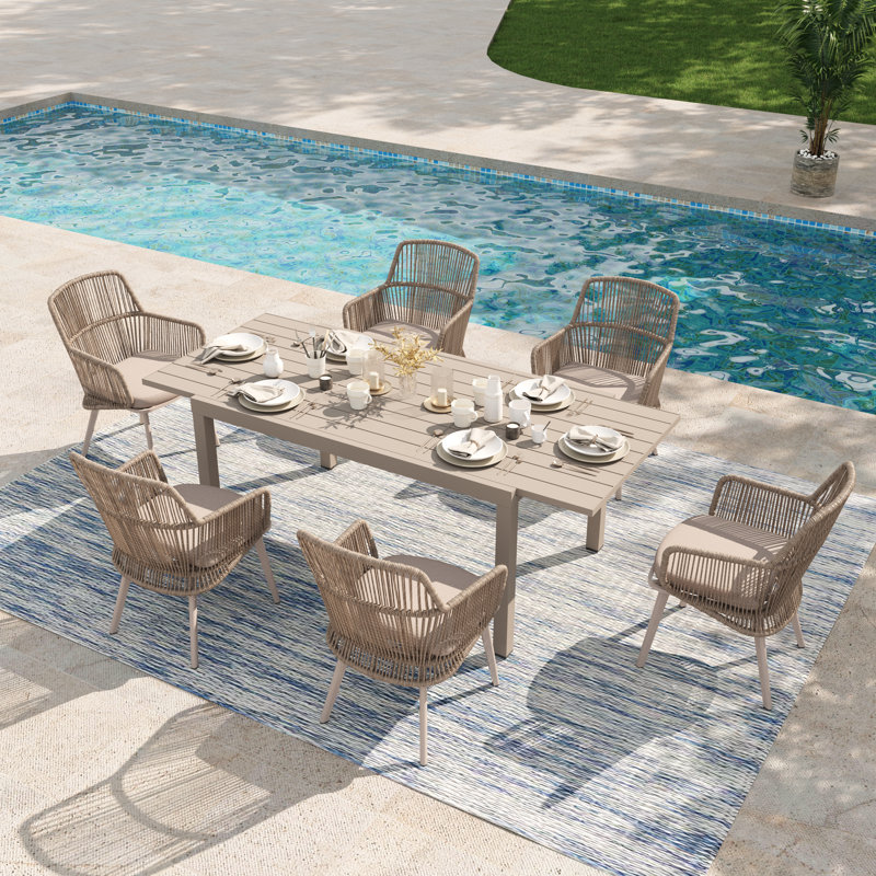 6 - Person Rectangular Outdoor Dining Set With Cushions, Beige/Natural