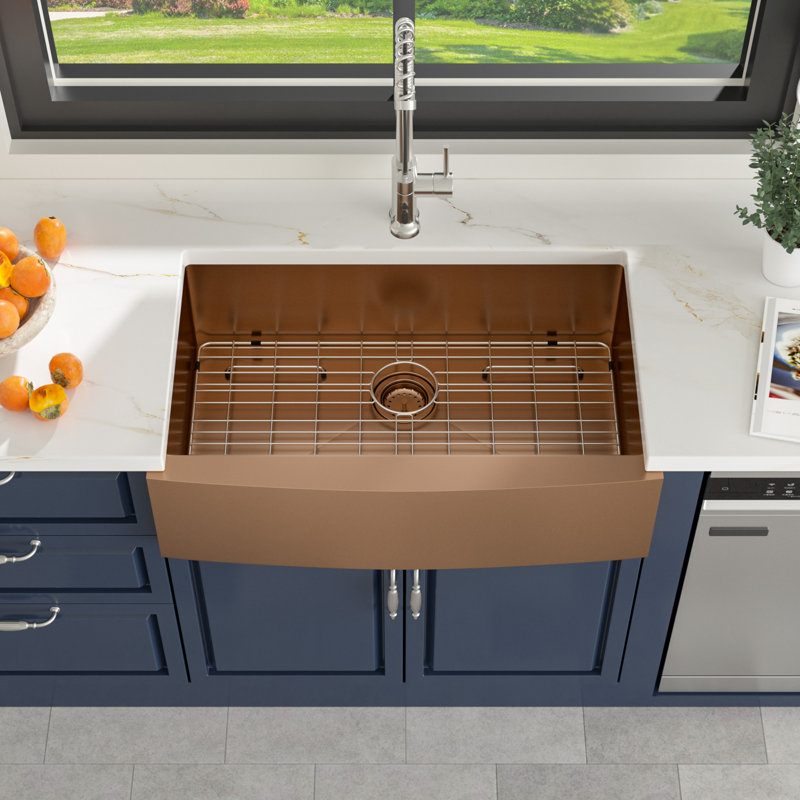 Évier de cuisine de ferme en acier inoxydable avec accessoires L 36 po x l 21 po, Or rose