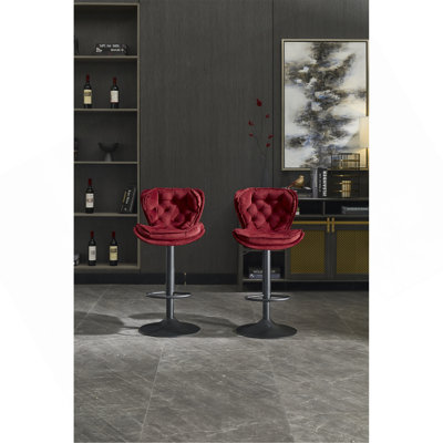 Set Of 2 Bar Stools With Powder Footrest And Base Swivel Height Adjustable Mechanical Lifting Velvet + Powder Leg Simple Bar Stool-RED