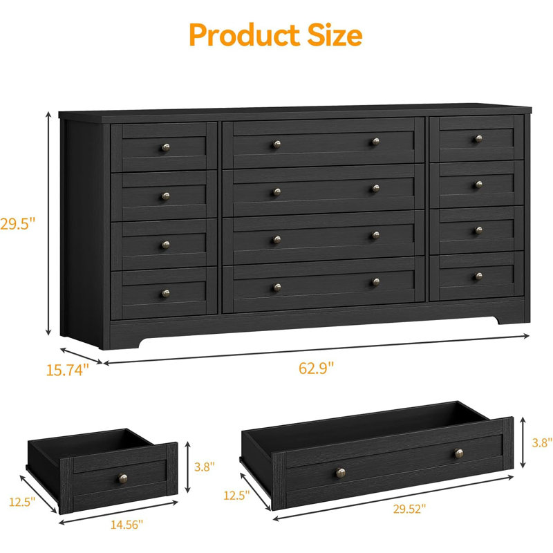Wooden Dressers for Bedroom with 12 Drawers, Wide TV Stand Dresser for 65 Inch TV, Chest of Drawers, Wood Modern Clothes Storage Organizer for Living Room, Hallway