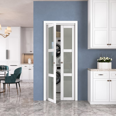 Portes pivotantes françaises en verre givré H 80 po à 3 lumières ou portes pliantes avec ensemble de quincaillerie (idéal pour le placard, le garde-manger, la salle de lavage, la chambre à coucher)