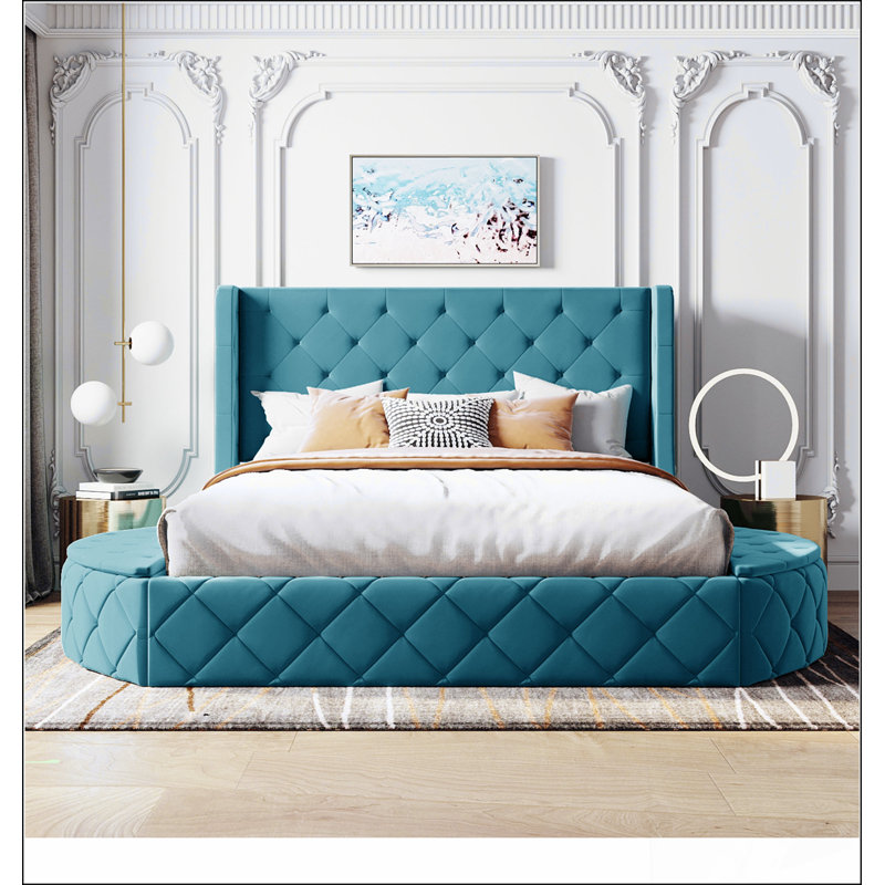 Lit plateforme tapissier en velours avec tête de lit à oreilles et 1 grand tiroir, 2 tabourets de rangement latéraux, Bleu