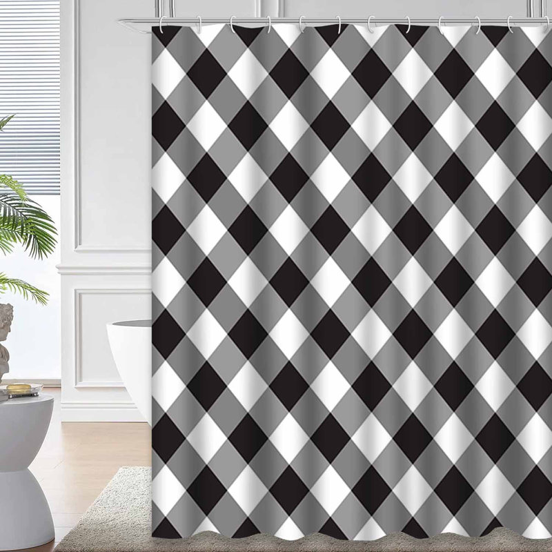 Rideau de douche noir à motif écossais noir avec 12 crochets, L 72 po x l 84 po