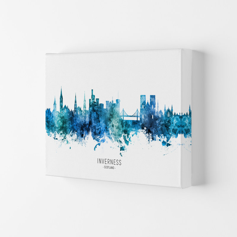 Inverness Scotland Skyline Blue City Name by Michael Tompsett - Print, 42cm H x 59.4cm W x 4cm D, Wrapped Canvas