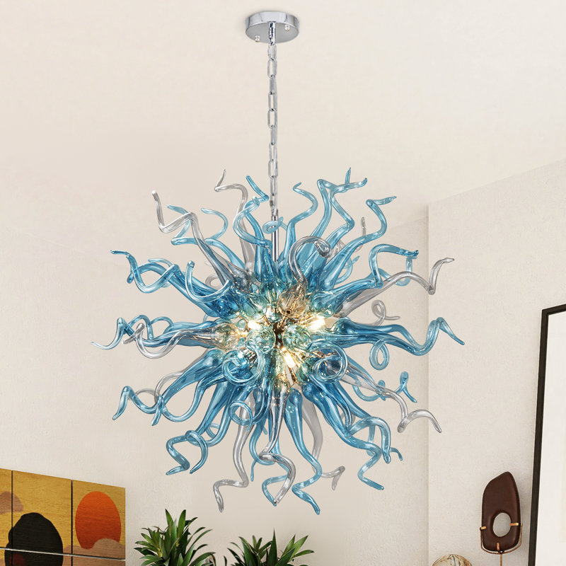 Lustre en verre soufflé à la main Art, luminaire suspendu de ton bleu avec ampoule, H 32 po x l 32 po x P 32 po