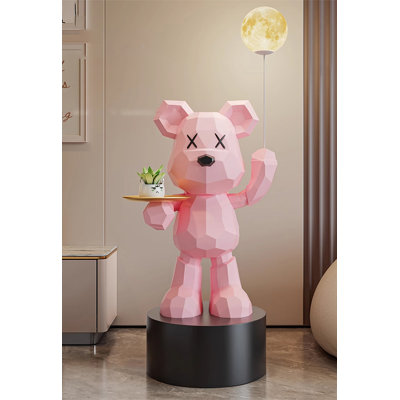 Geometric Bear Floor Figurine With Serving Tray And Moon Lamp Accent Decor