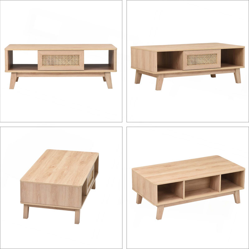 Table basse avec rangement et tiroir en rotin, pieds en bois massif, Naturel