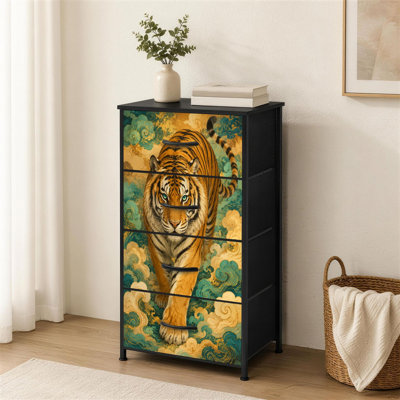 Commode 4 tiroirs pour chambre à coucher Tiger Walking Turquoise Cloud Waves Petite commode à encre dorée d'inspiration japonaise pour organisateur de garde-robe avec commode