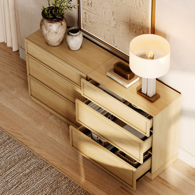 Modern 6-Drawer Wood Dresser, Handle-Free Push-Press Storage Chest with Solid Floor Base, Minimalist Storage Cabinet for Bedroom Living Room