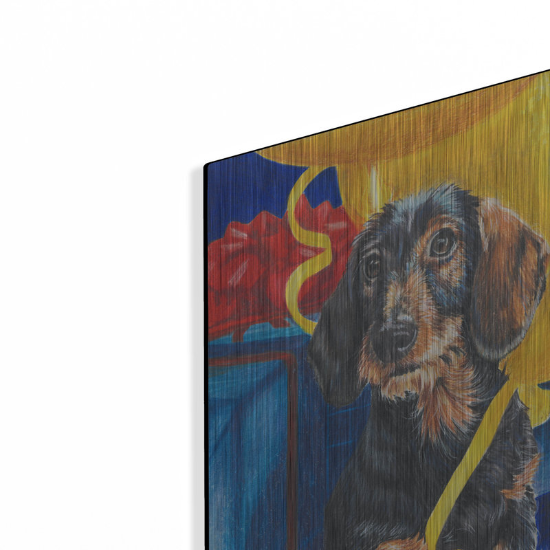 "Dachsund avec rubans et ballons jaunes" par Barbara Keith, H 24 po x l 16 po
