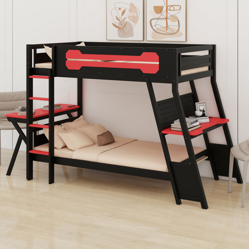 Lit superposé double pour bureau avec ports USB et rangement perforé, Lit simple, Noir / Rouge