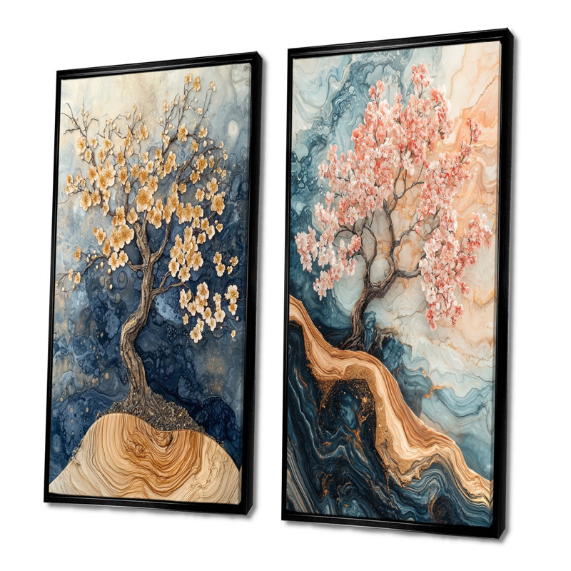 Fleur de cerisier, Sakura Serenade I - Art sur toile floral, 2 pièces, H 40 po x l 41 po, Cadre flottant noir