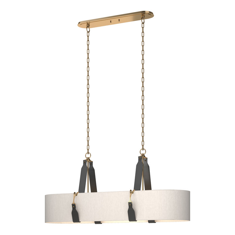 Saratoga 4 - Light Kitchen Island Linear Pendant, Flax Shade, Antique Brass, Black Leather