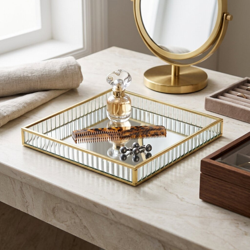 Plateau carré en verre cannelé Veldra, Doré, H 1,25 po x l 9,75 po x P 9,75 po