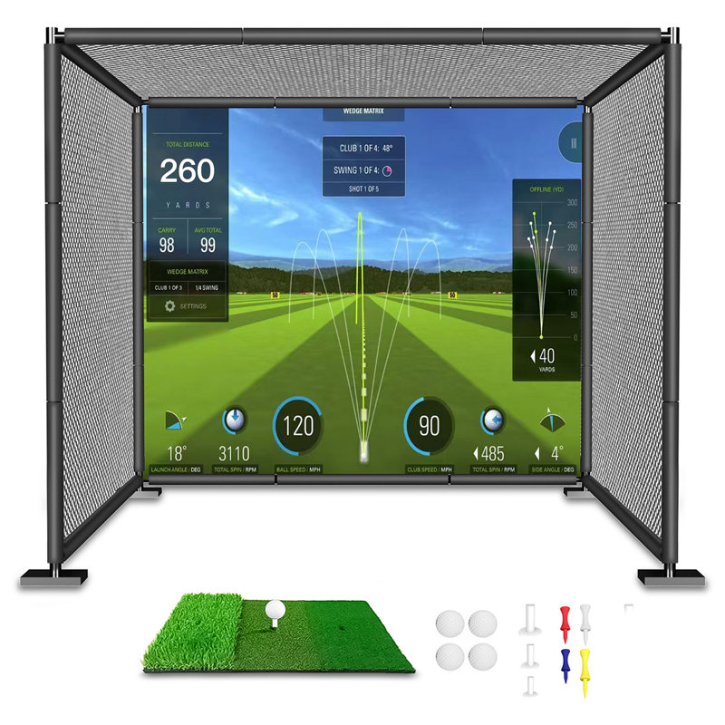 Cage de conduite YUNIC avec structure en métal robuste, écran d'impact de simulateur et tapis de frappe de golf pour l'entraînement en intérieur ou en garage