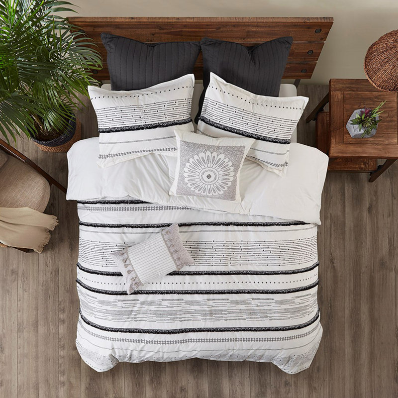 Ensemble d'édredon en coton imprimé avec bordure noir / blanc, Très grand édredon