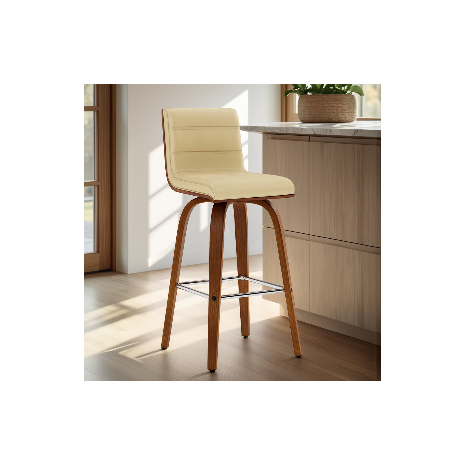 Biance Solid Wood Swivel Bar & Counter Stool, Counter Stool (26" Seat Height), Creme Faux Leather, Walnut