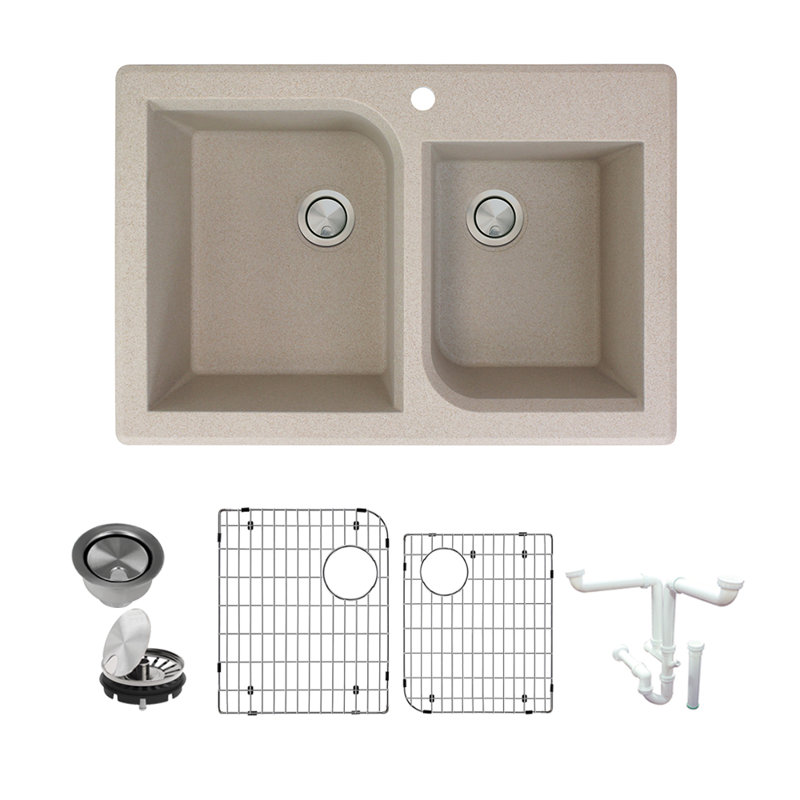 Évier de cuisine à double cuve avec filtre à paniers en granite 33 po x l 22 po Radius, Café latté