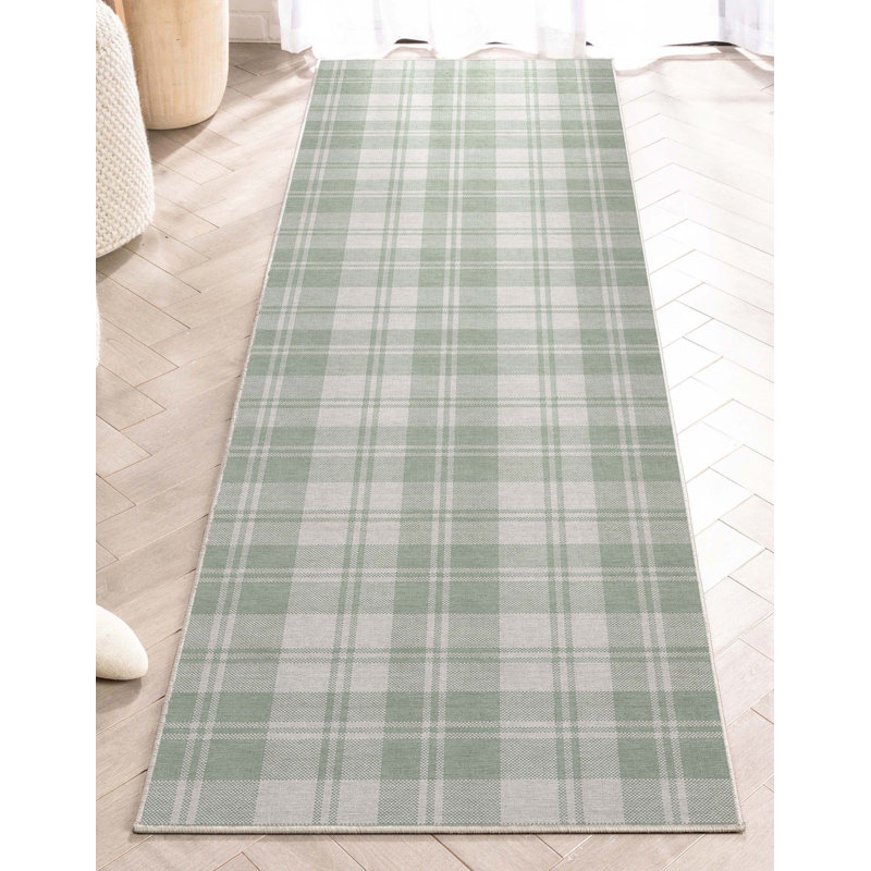 Kehr Plaid Farmhouse Geometric Green Flat-Weave Area Rug, Runner 2' x 5'
