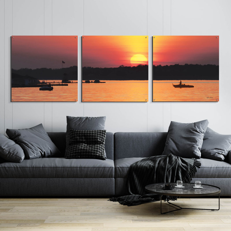 Ensemble de 3 pièces d'art mural en verre épique «River Sunset» par Lori Deiter, H 36 po x l 108 po