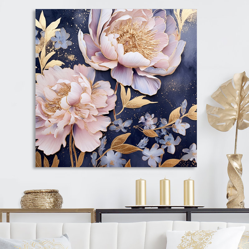 " Pink Retro Peonies on Blue " Print, 30" H x 30" W x 1" D, Wrapped Canvas