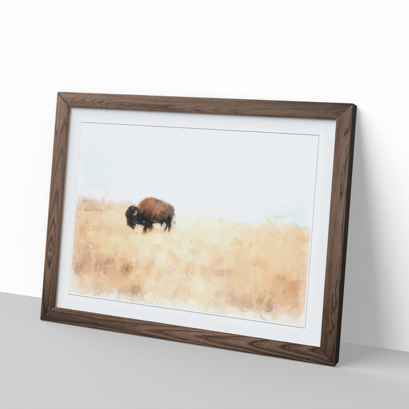 Wandering Bison in Abstract - Picture Frame Painting Print, 50cm H x 76cm W x 2cm D, Walnut